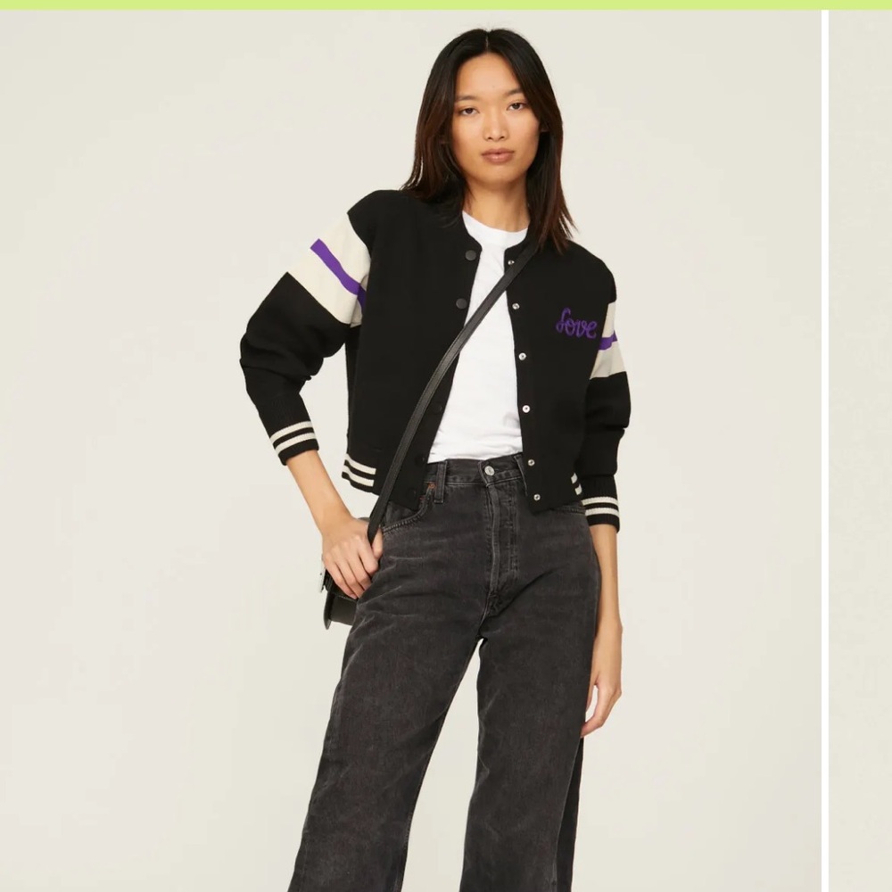 Sandro Ashton Varsity Cardigan Black Jacket with Purple Lettering S